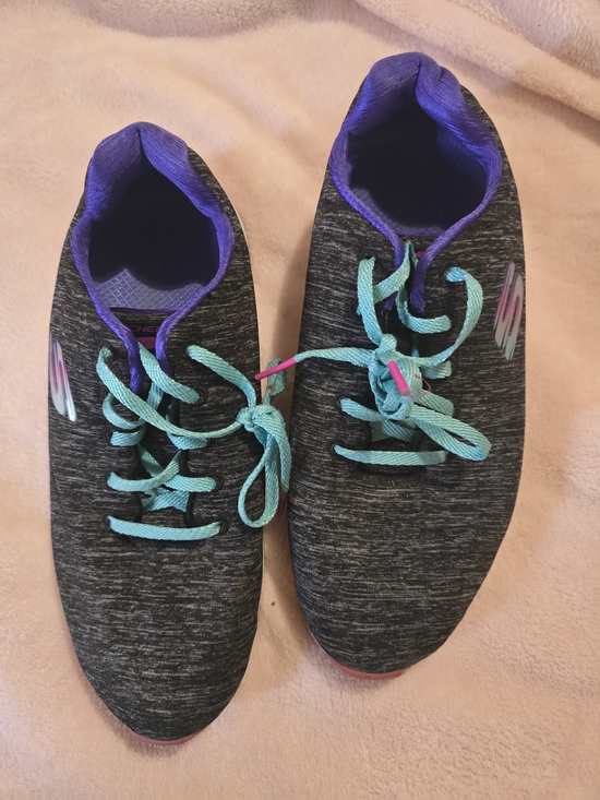 Skechers Shoes - Skechers Women's Charcoal Knit Athletic Shoes with Aqua Laces and Purple Trim